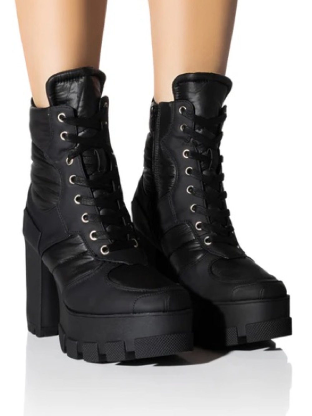 Azalea Wang Marsala Black Platform Lace-Up Puffer Women's Boots